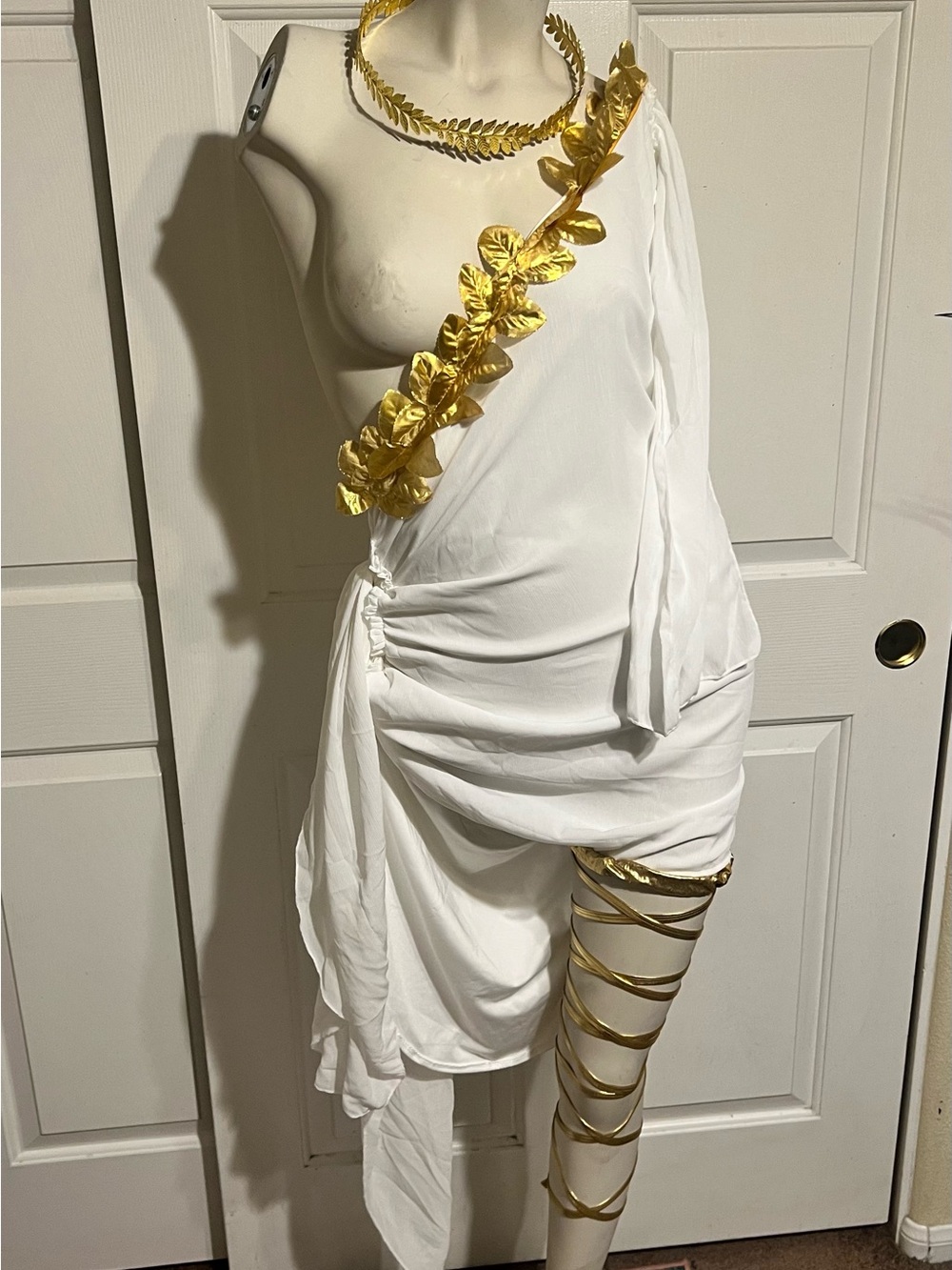 Halloween/Toga Party White and Gold Grecian One-Shoulder Dress with Leaf Accents
